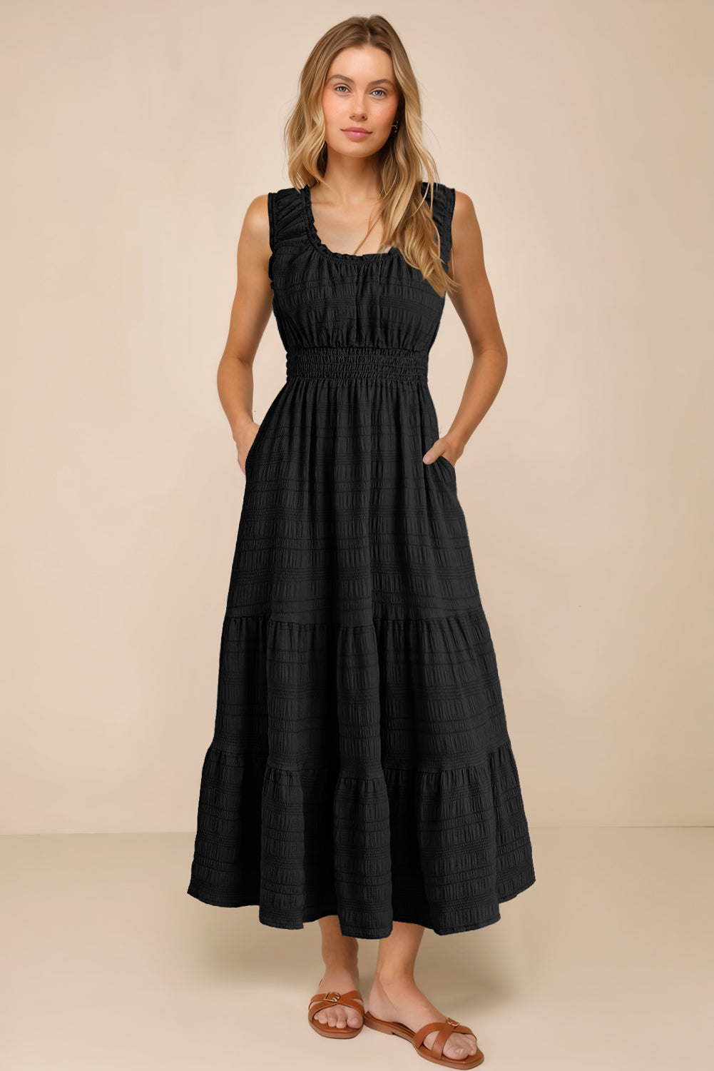 Green Shirred Pleated Square Neck Sleeveless Midi Dress