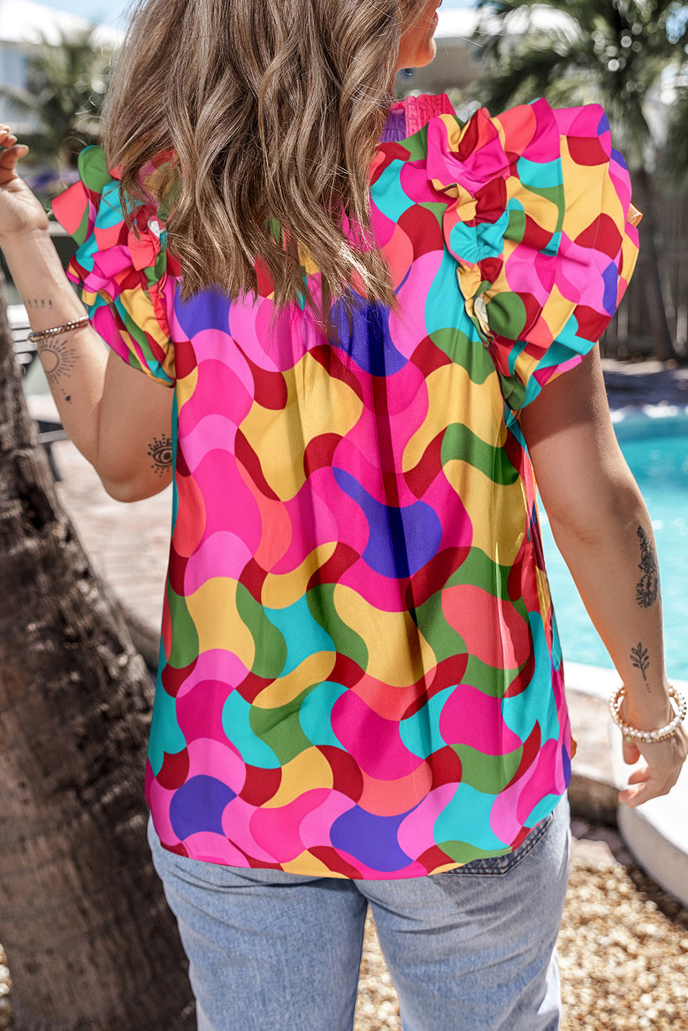 Rose Red Abstract Print Smocked Neck Layered Ruffle Sleeve Blouse
