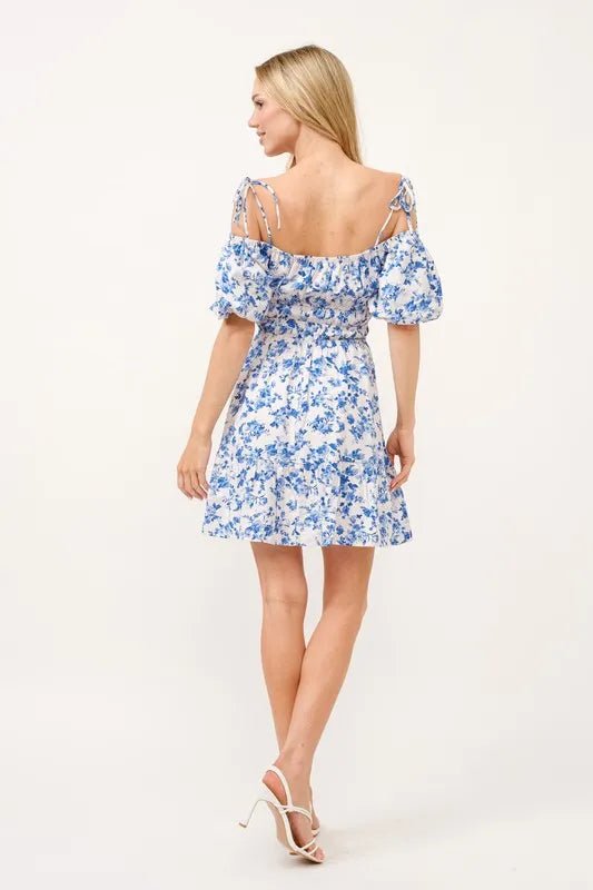 And The Why Off Shoulder Bubble Sleeve Dress - White Blue / S