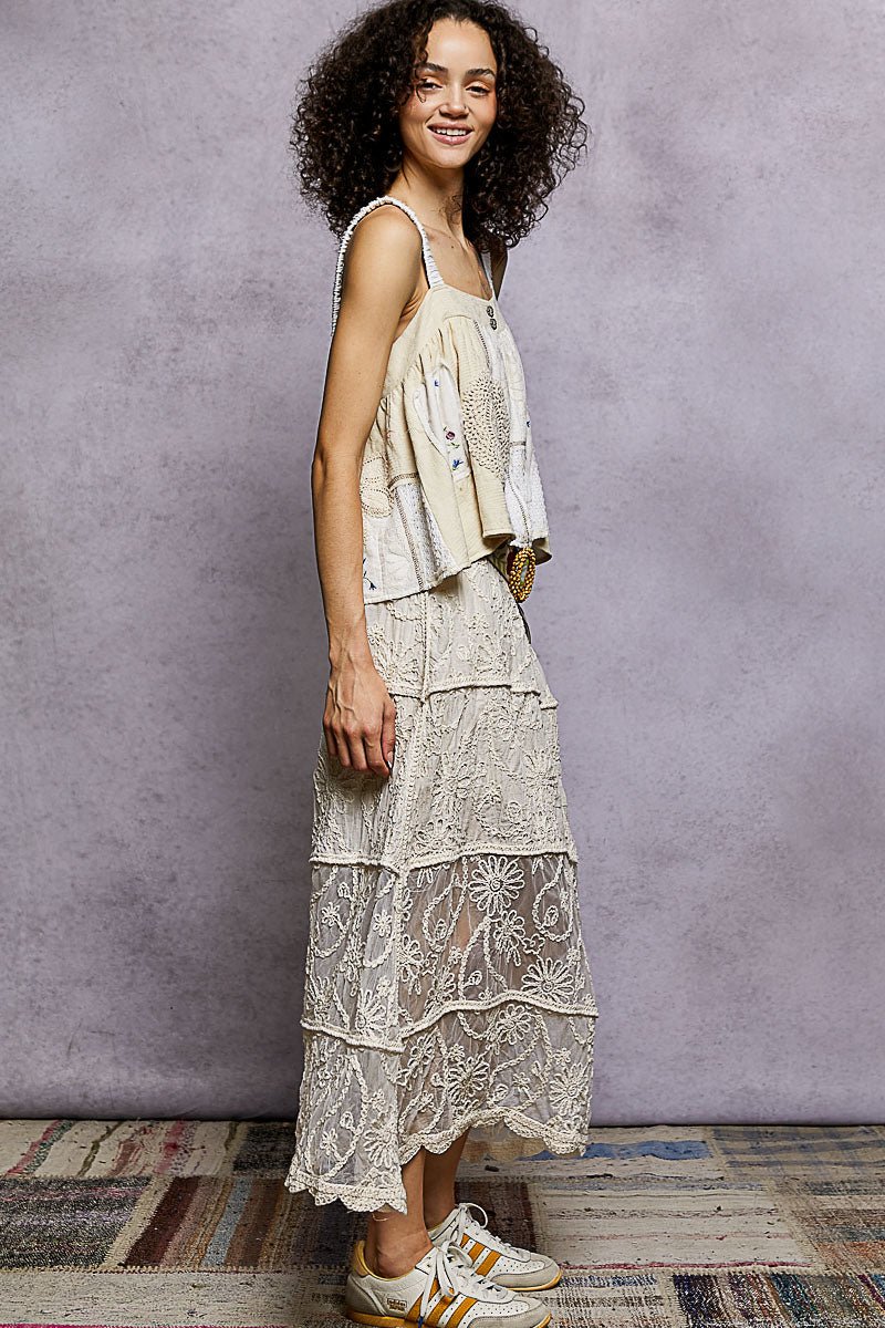 POL Floral Embroidered Tiered Crochet Skirt - NATURAL / One Size