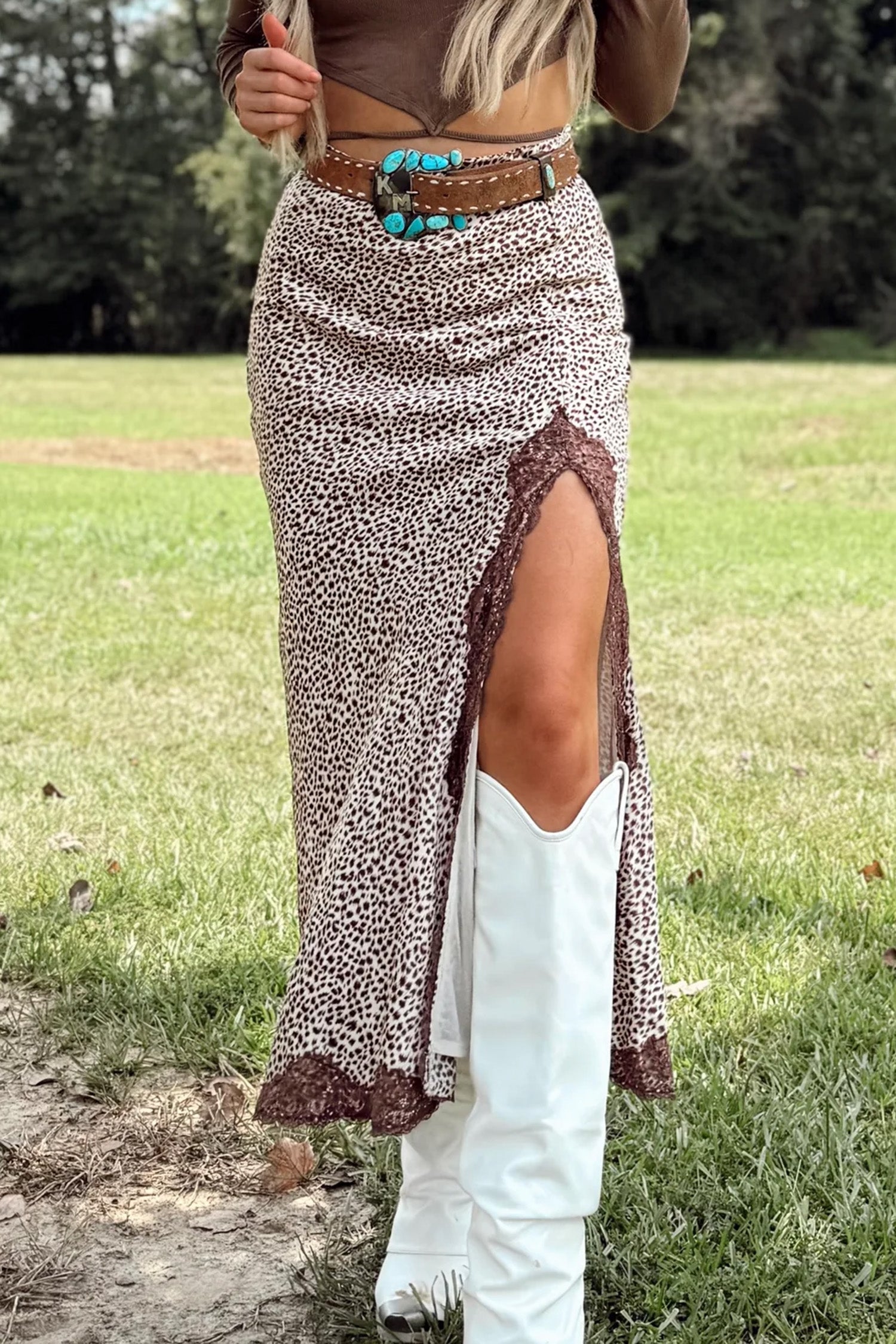 Brown Cheetah Ruched High Waist Lace Splicing Slit Skirt