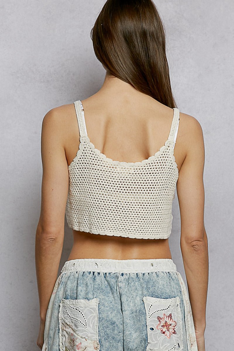 POL U-Neck Cropped Crochet Cami with Floral Embroidery Detail - IVORY / One Size