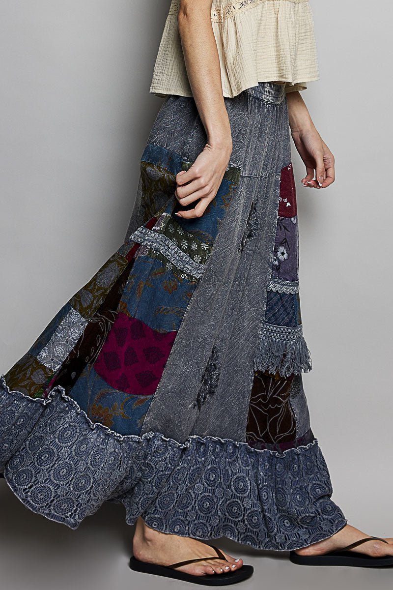 POL Printed Patchwork Embroidered Ruffled Skirt - CHARCOAL MULTI / S