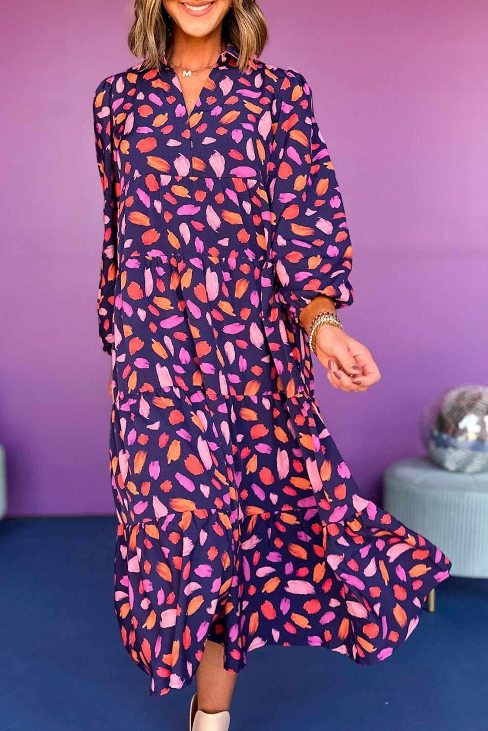 Purple Floral Print Collared Tiered Flowy Long Dress