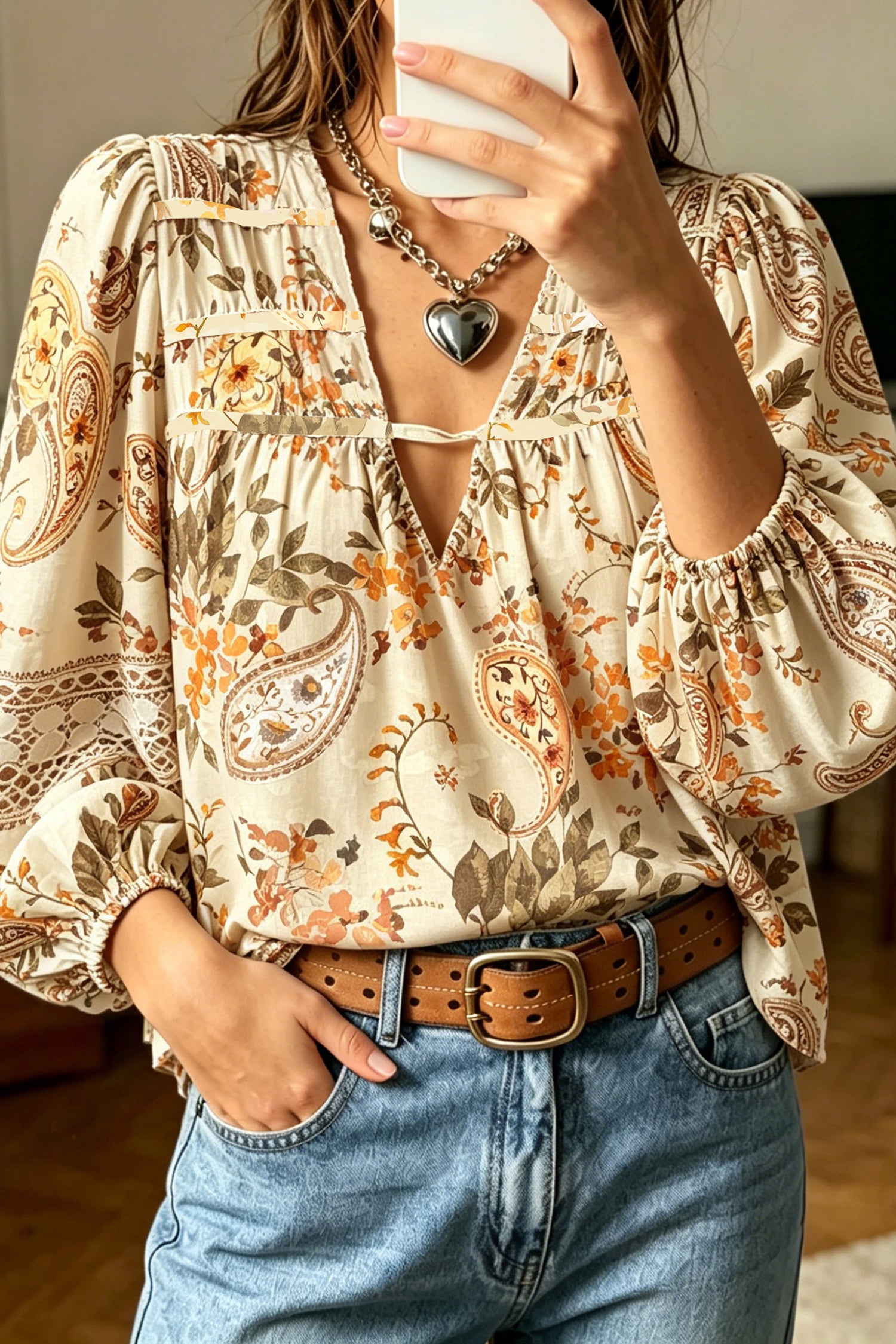 Khaki Paisley Print V-Neck Long Sleeve Shift Blouse Casual Daily Wear