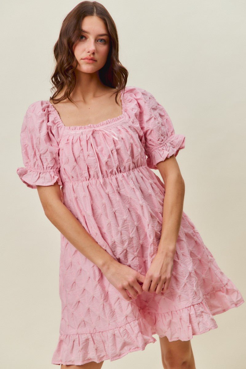 SO ME Texture Woven Ruching On Bust Mini Dress - PINK / S