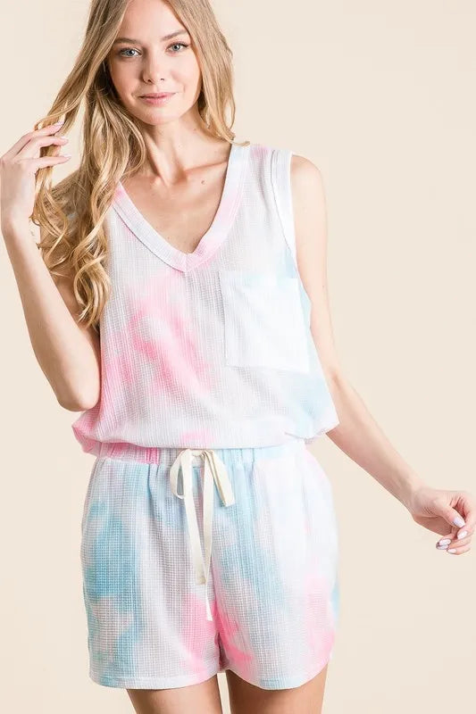 BiBi Tie Dye Textured Knit Top and Shorts Set - N.PINK/BLUE MULTI / S