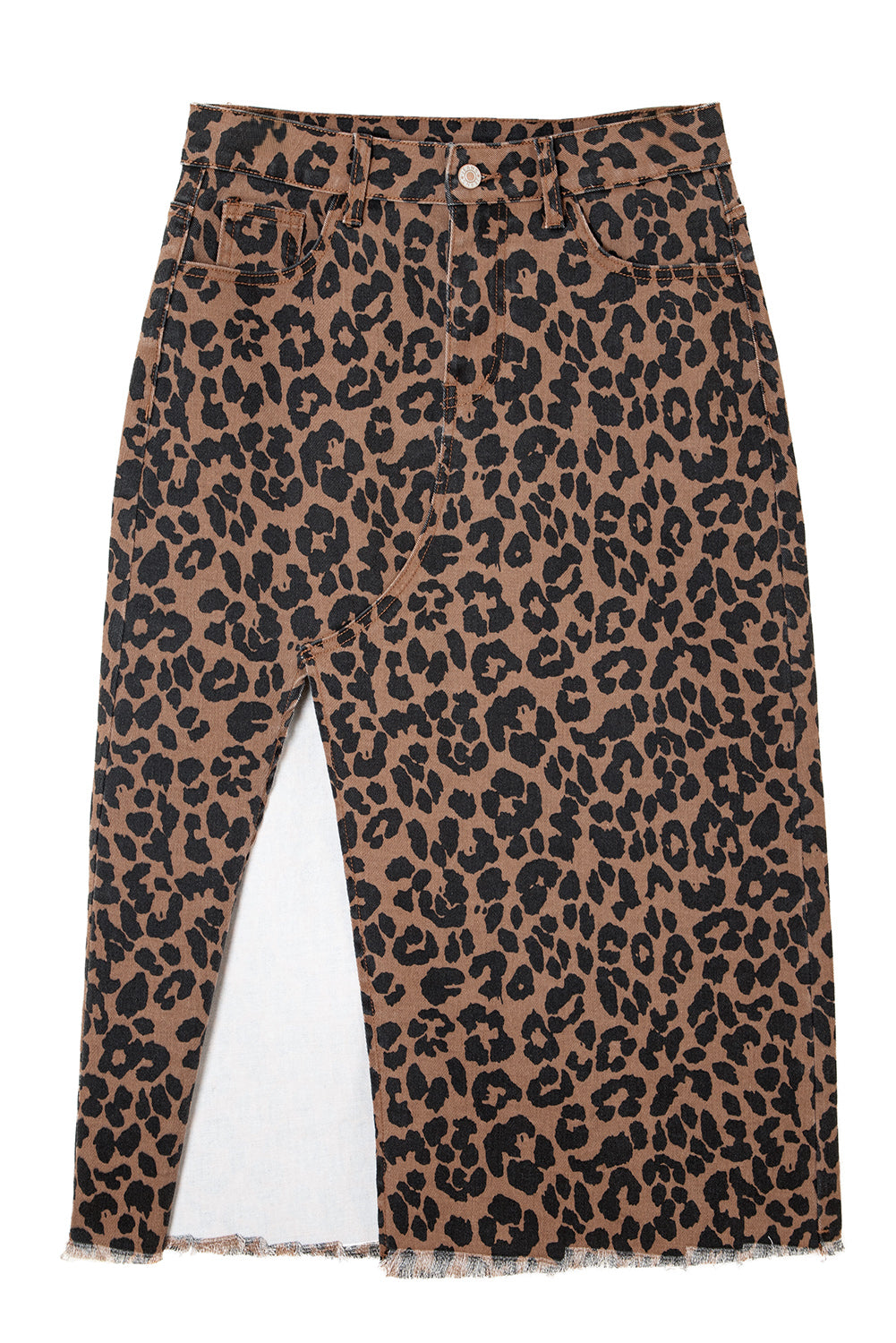 Sky Blue Leopard Print Frayed Edge Denim Skirt Long Casual Daily Wear