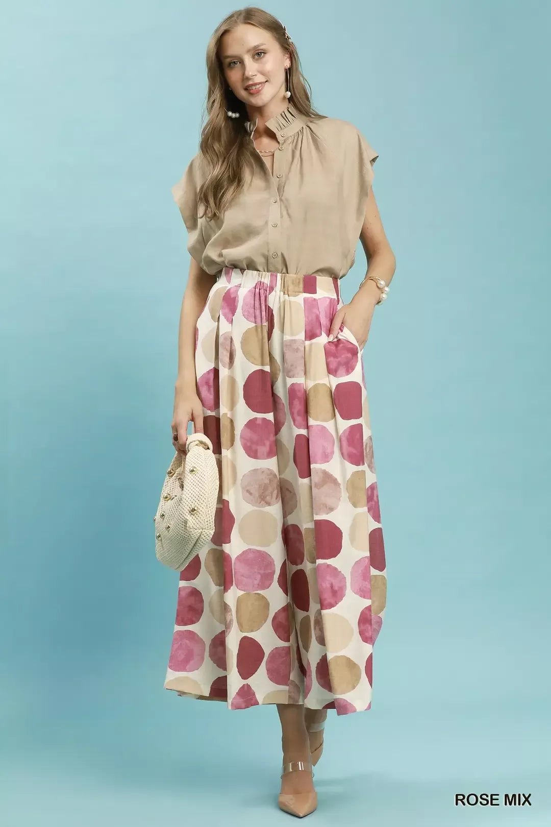 Umgee Dot Print Wide Leg Pants - ROSE MIX / S