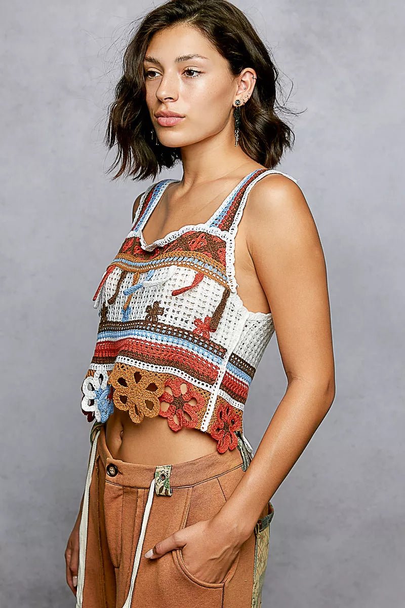 POL Cutout Flower Cropped Crochet Cami with with Dangle Detail - ORAGNE MULTI / One Size