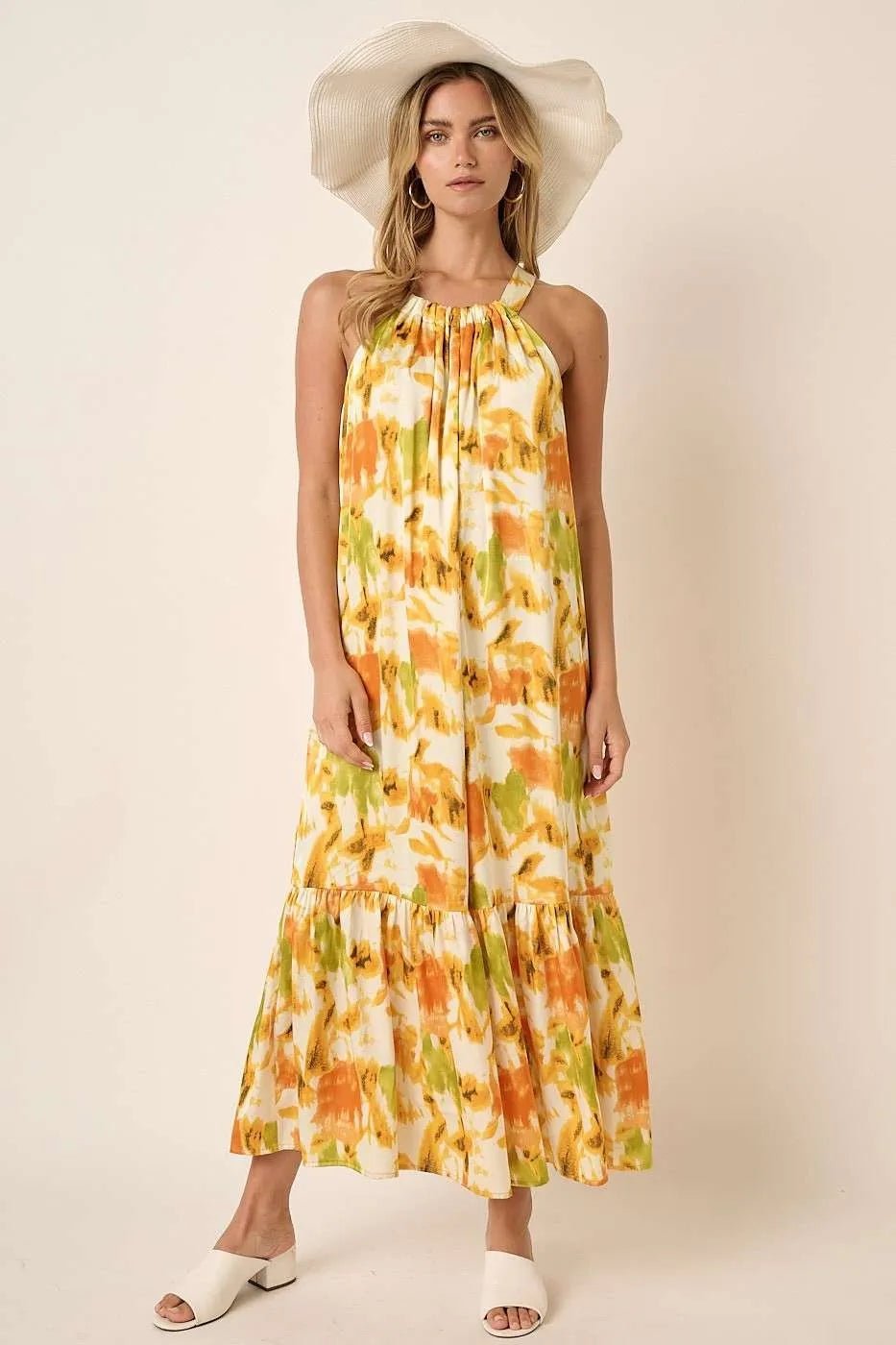 Mittoshop Watercolor Print Halter Neck Satin Maxi Dress - ORANGE / S