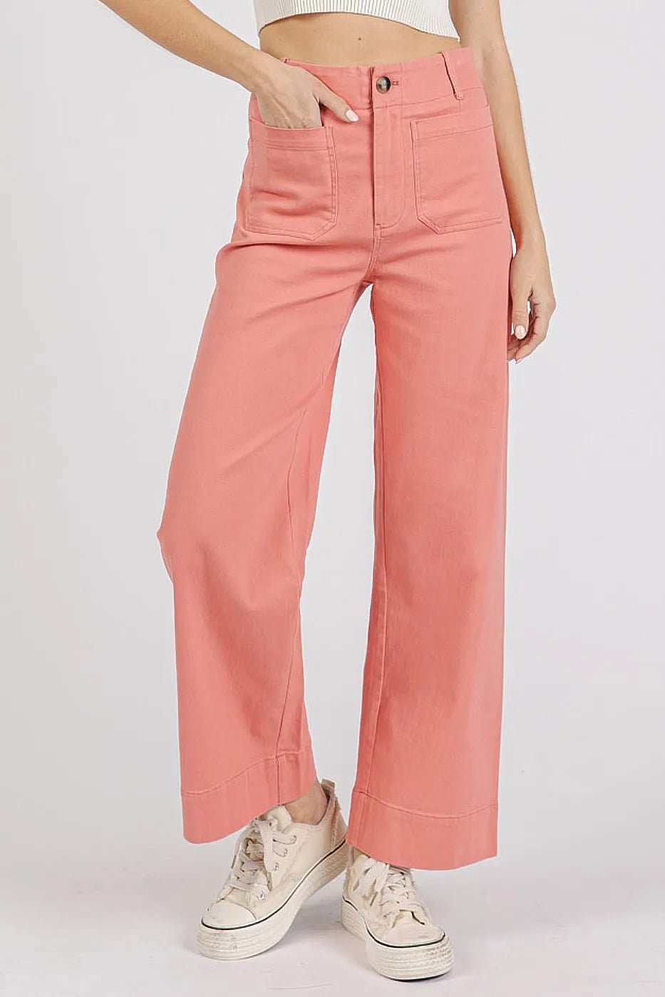 Mittoshop Twill Patch Pocket High Rise Wide Leg Pants - CORAL PINK / S