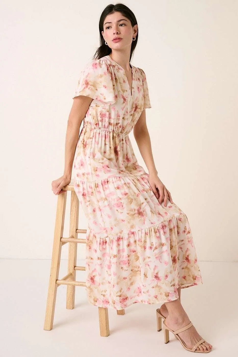 Mittoshop Flower Print Flutter Sleeve V Slit Maxi Dress - PINK / S
