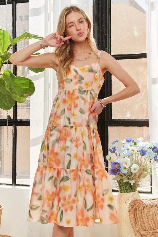 ADORA Smocked Back Floral Adjustable Strap Midi Dress - Tangerine / S