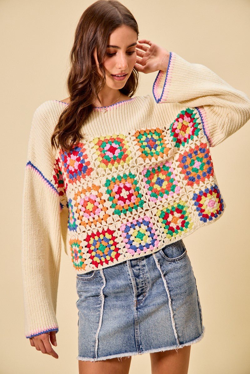 SO ME Multi Color Granny Crochet Lace Sweater Top - CREAM COMBO / S