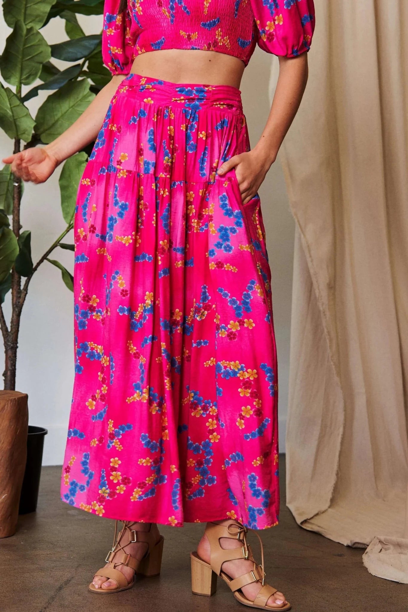 Davi & Dani Printed Smocking Waistband Ruffled Maxi Skirt - CANDY PINK / S