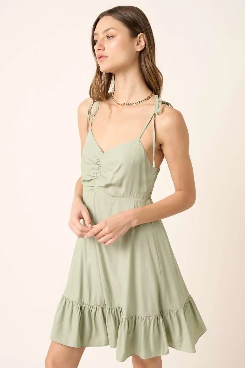 Mittoshop Ruched Detail Spaghetti Tie Mini Dress - SAGE / S