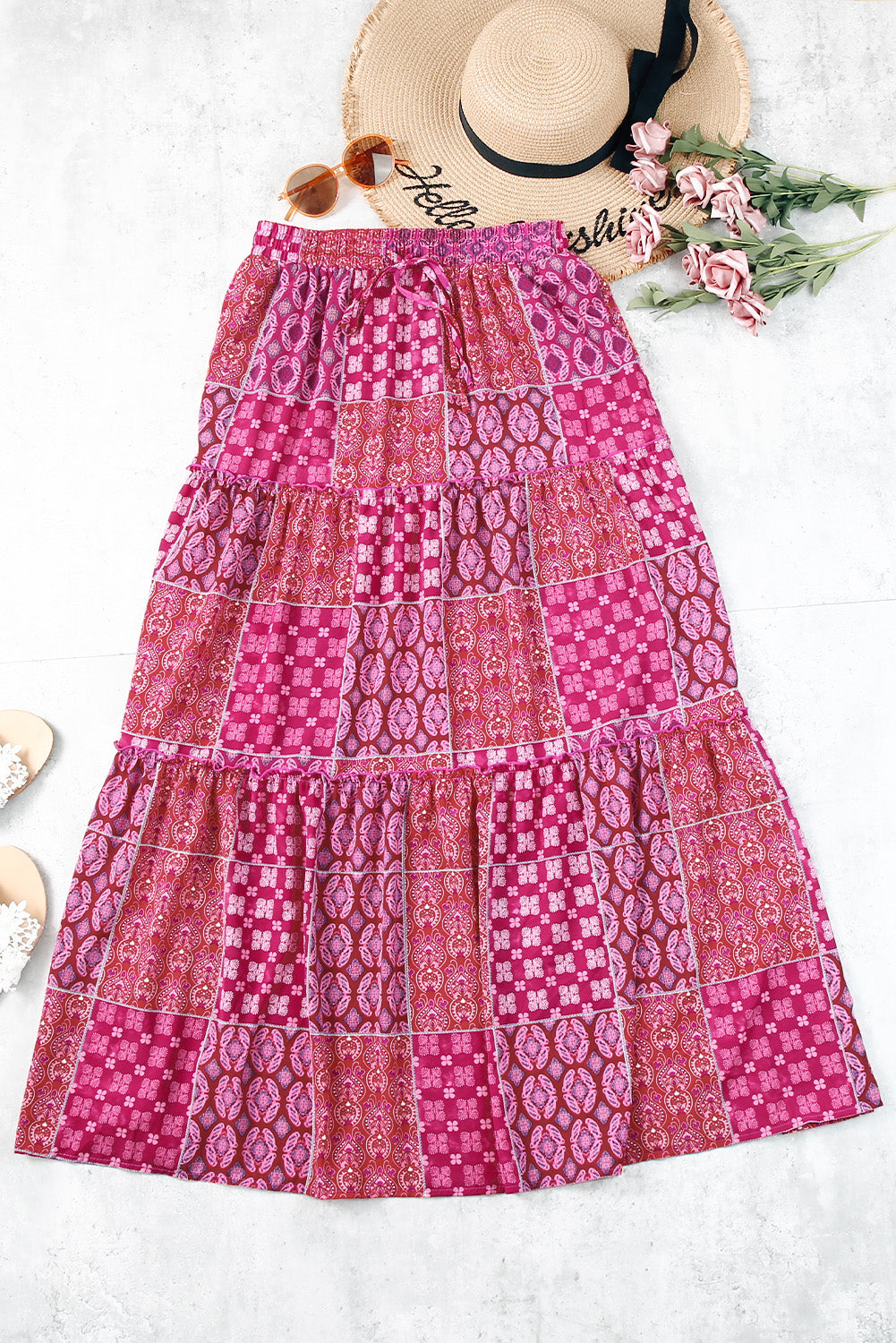 Orange Tiered Paisley Print Pocketed Maxi Skirt