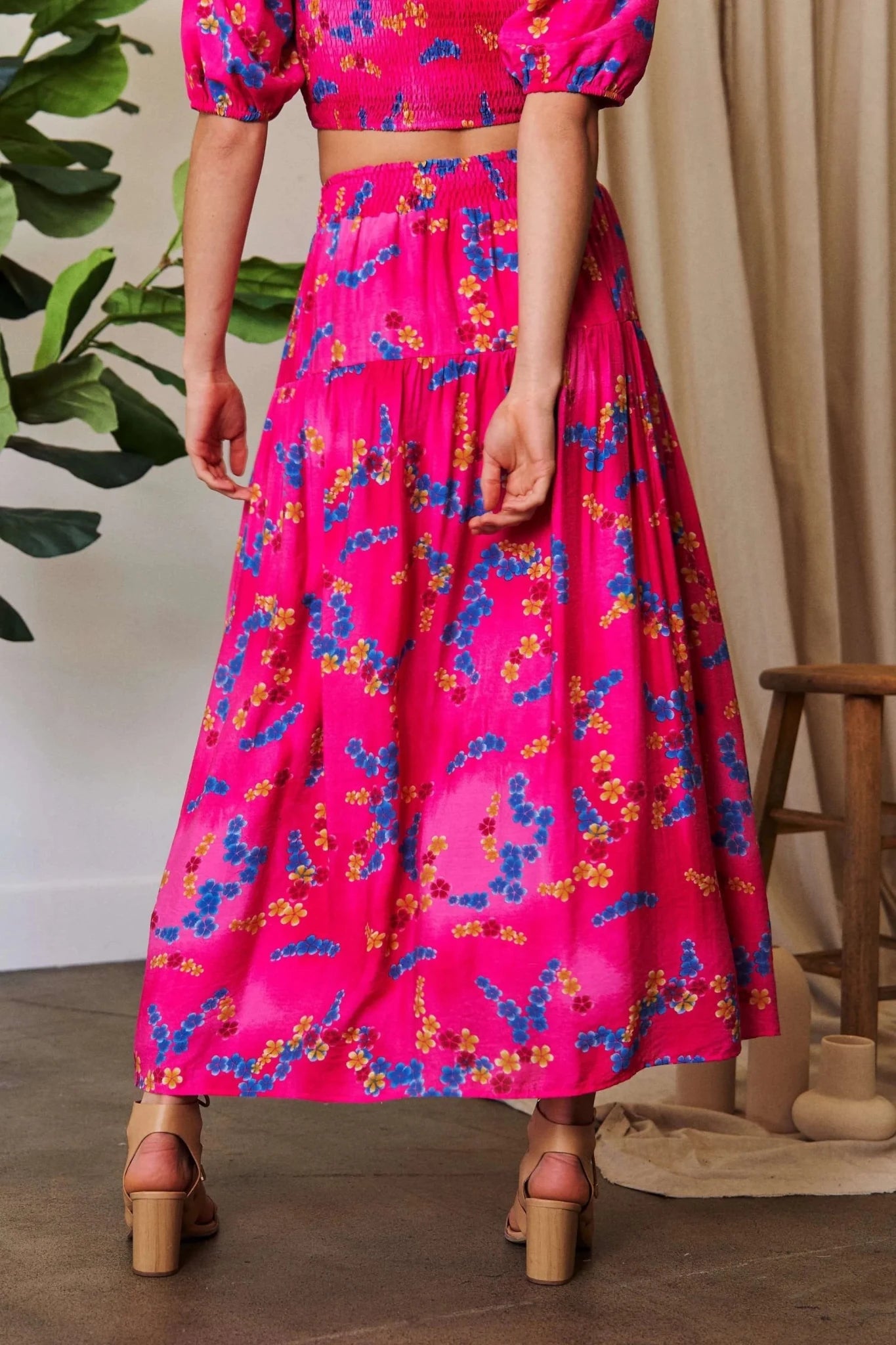Davi & Dani Printed Smocking Waistband Ruffled Maxi Skirt - CANDY PINK / S