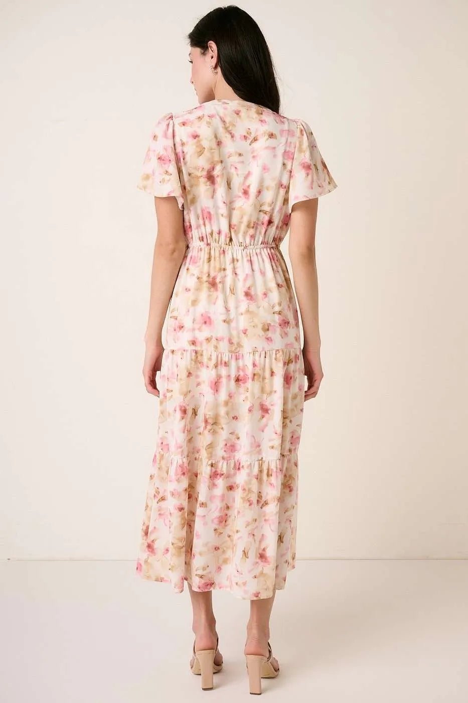 Mittoshop Flower Print Flutter Sleeve V Slit Maxi Dress - PINK / S