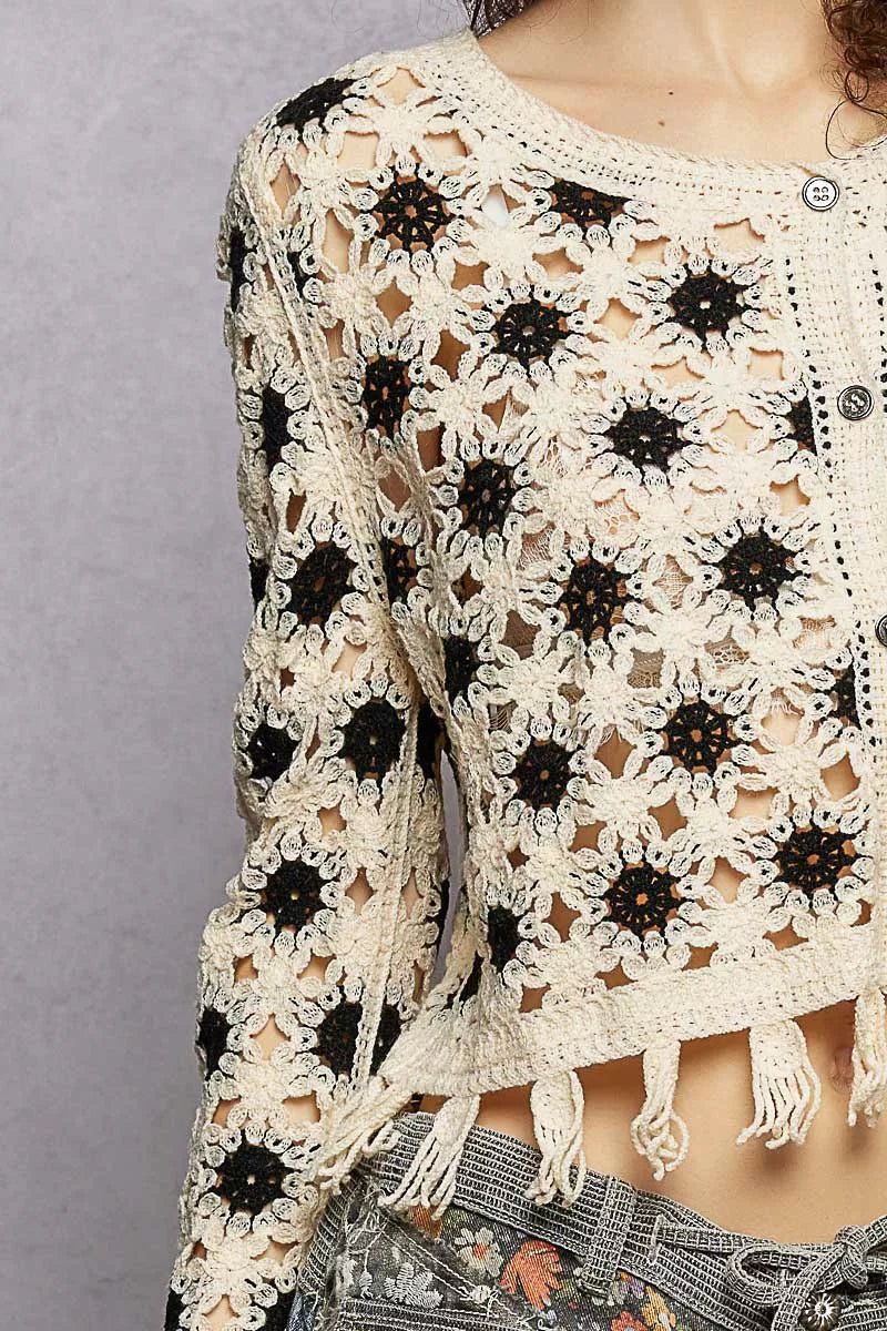 POL Openwork Floral Crochet Cardigan with Tassel Hem - NATURAL/BLACK / One Size