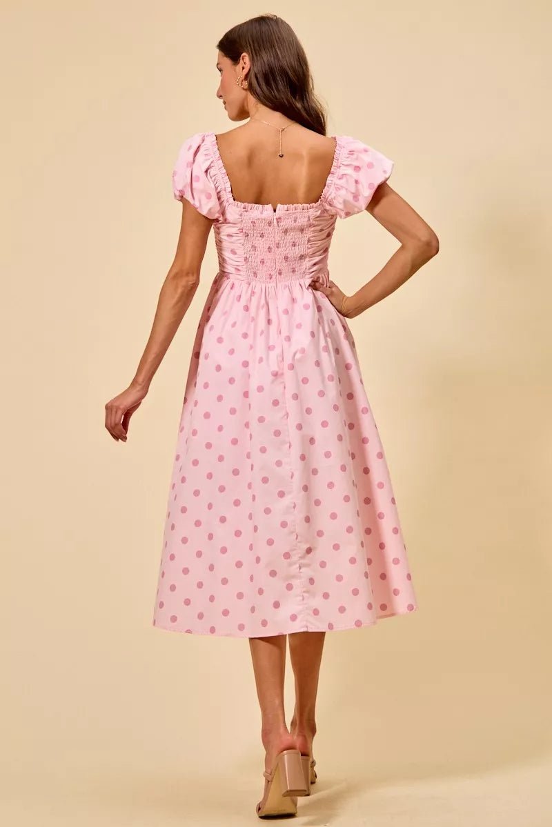 SO ME Polka Cotton Print Short Sleeves Midi Dress - PINK / S