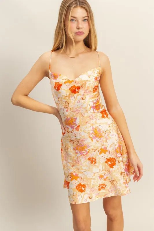 HYFVE Floral Cowl Neck Flirty Satin Mini Dress - ORANGE / S