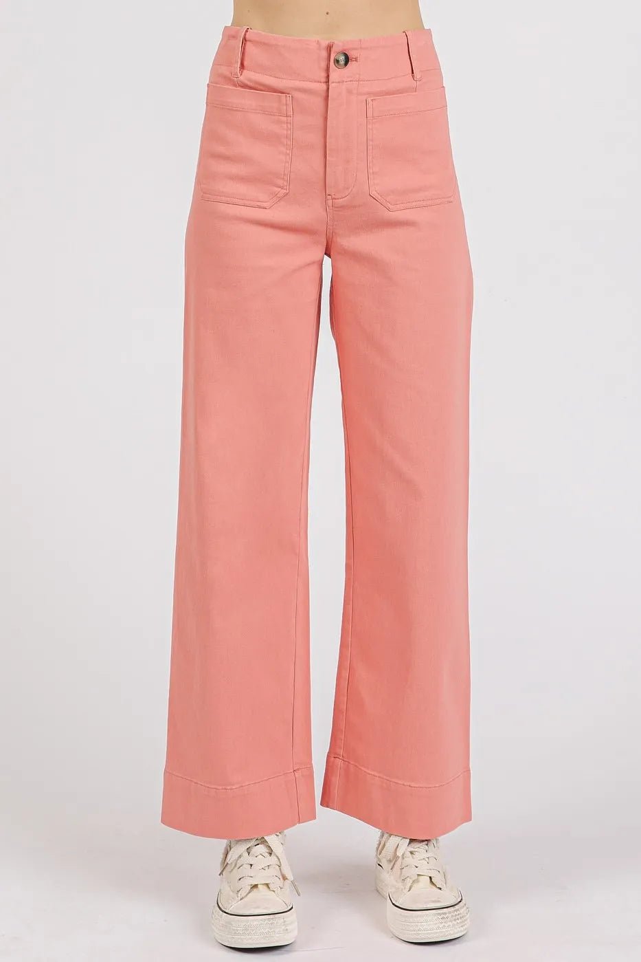 Mittoshop Twill Patch Pocket High Rise Wide Leg Pants - CORAL PINK / S