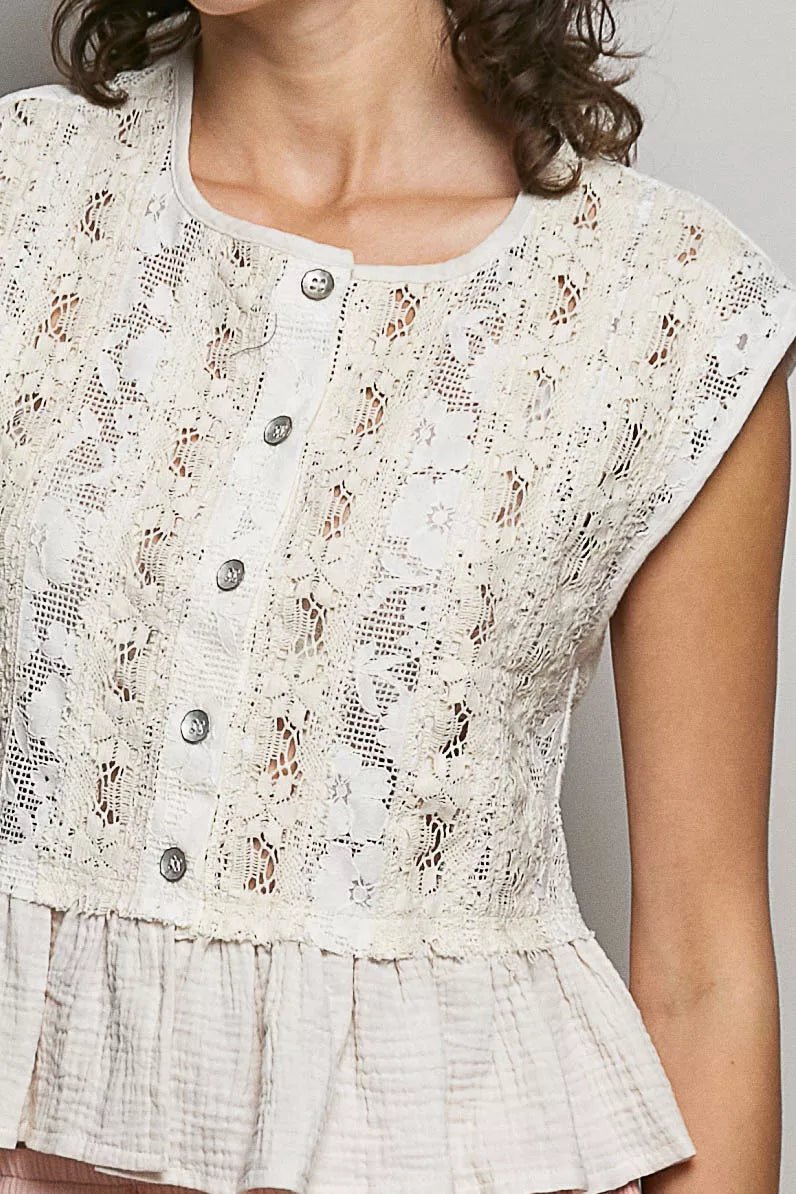 POL Round Neck Lace Sleeveless Top with Double Gauze Ruffle - NATURAL / S