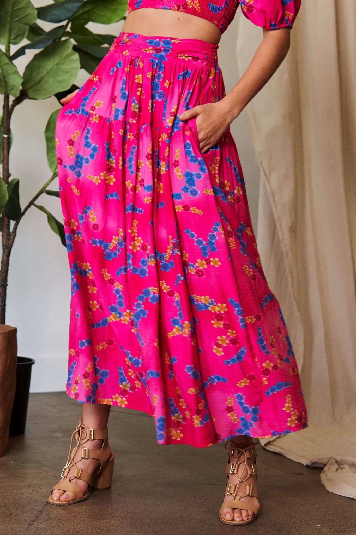 Davi & Dani Printed Smocking Waistband Ruffled Maxi Skirt - CANDY PINK / S