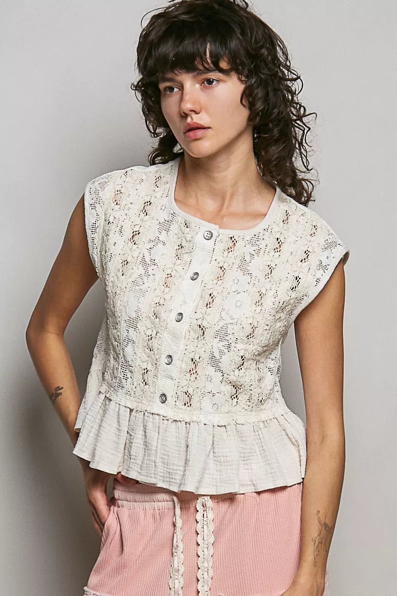 POL Round Neck Lace Sleeveless Top with Double Gauze Ruffle - NATURAL / S
