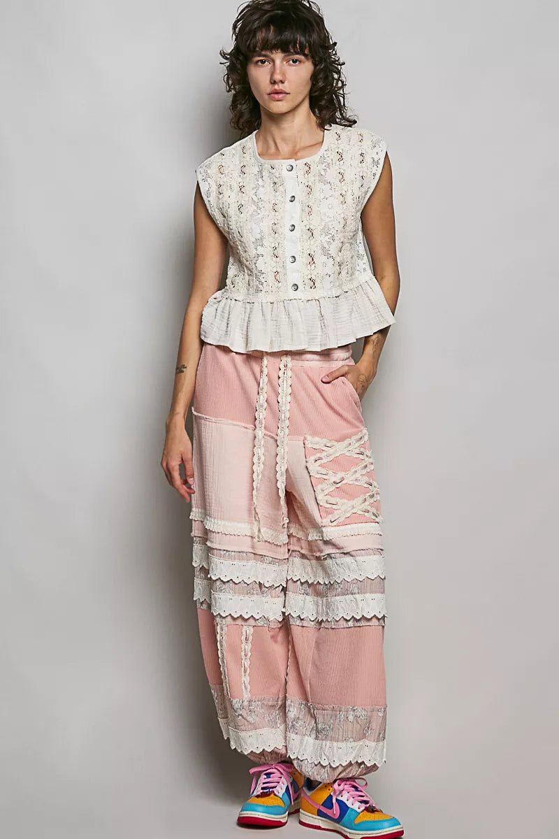 POL Round Neck Lace Sleeveless Top with Double Gauze Ruffle - NATURAL / S