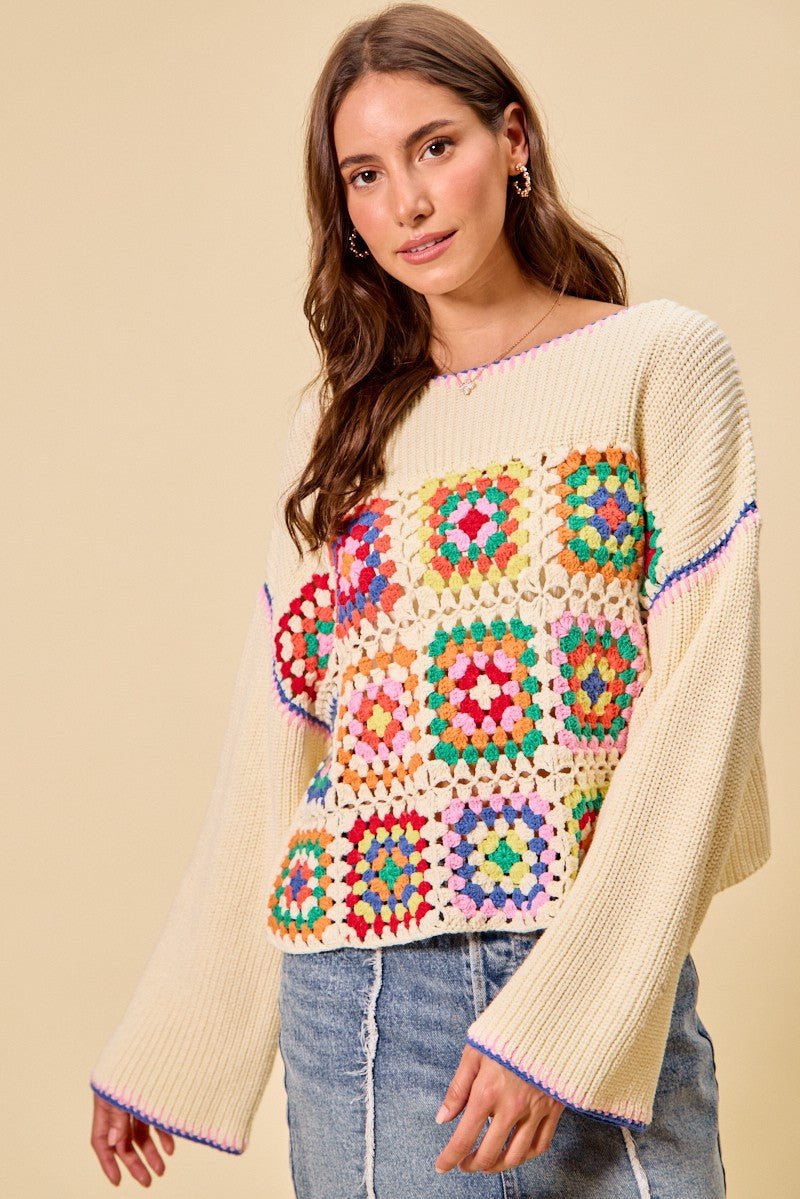 SO ME Multi Color Granny Crochet Lace Sweater Top - CREAM COMBO / S