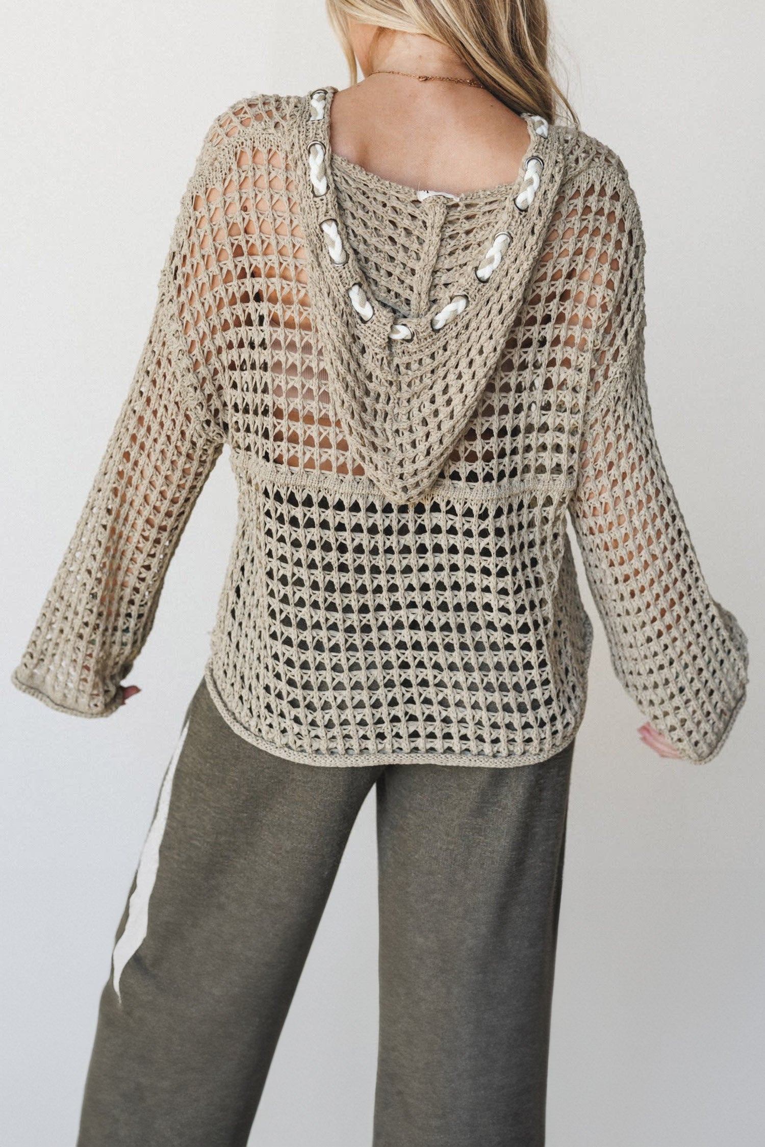Sage Green Star Pattern Hollow Out Knit Contrast Drawstring Hooded Sweater