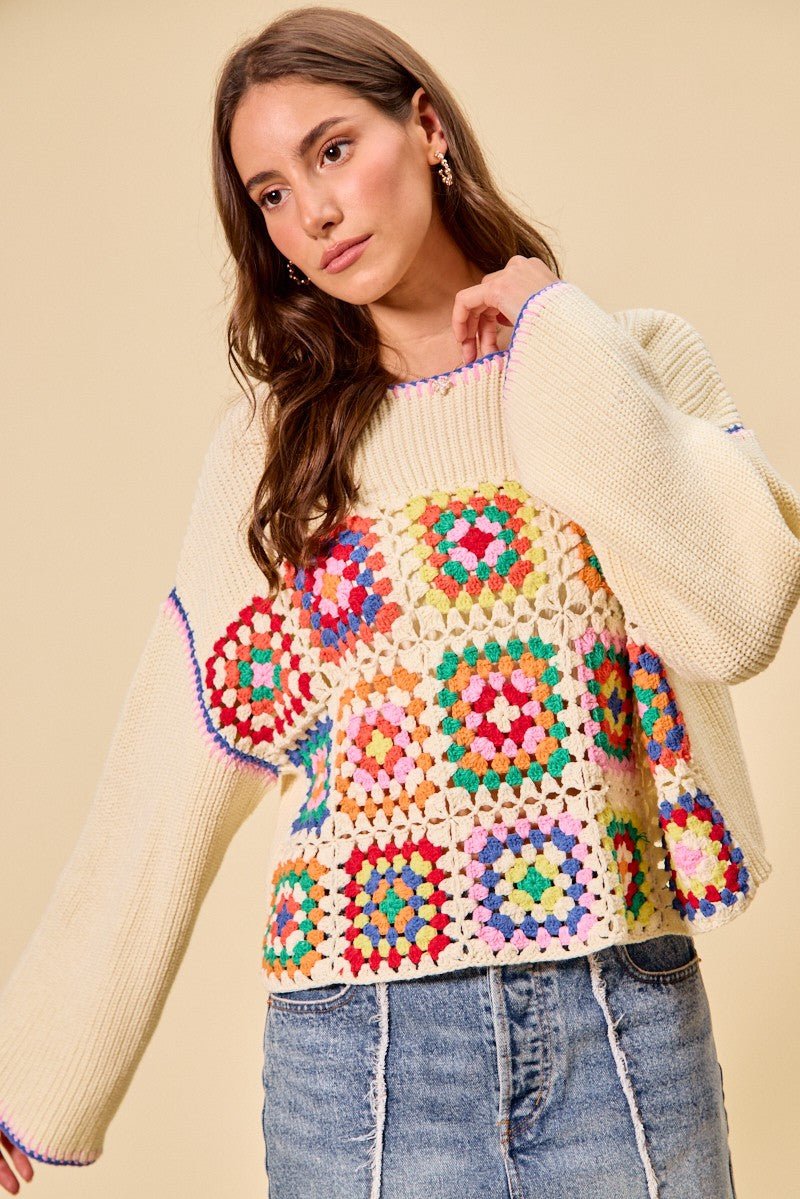 SO ME Multi Color Granny Crochet Lace Sweater Top - CREAM COMBO / S