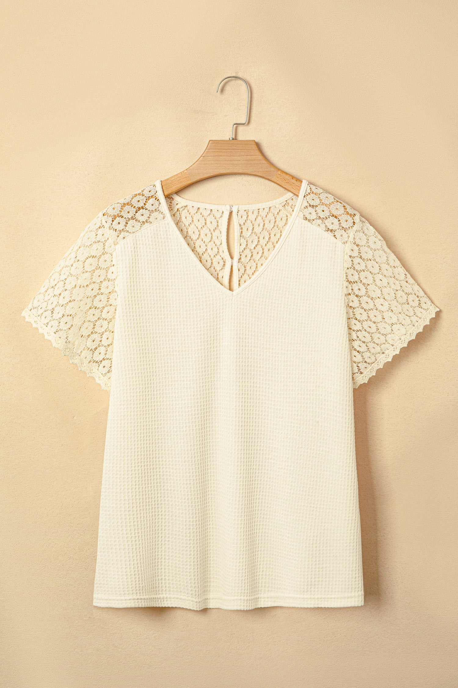 Pink Lace Splicing Button Cutout V Neck Waffle Knit Blouse
