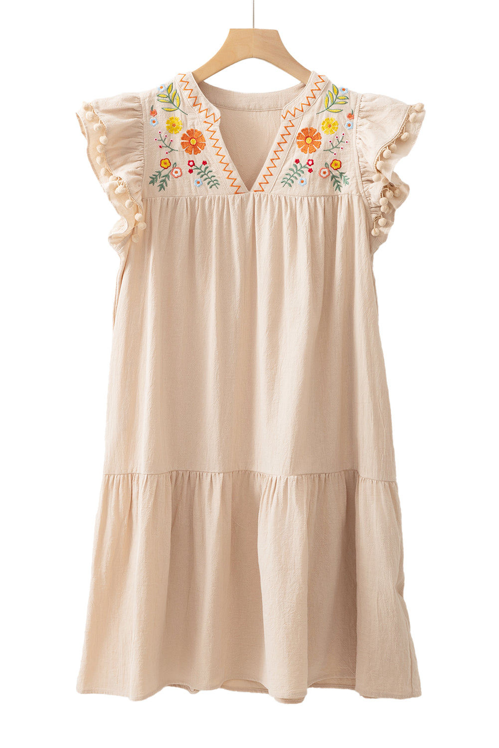 Jet Stream Linen Embroidery Split Neck Pom Pom Ruffle Sleeve Short Dress