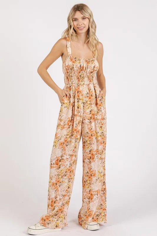 Mittoshop Flower Print Gathered Bust Sleeveless Jumpsuit - Ginger / S