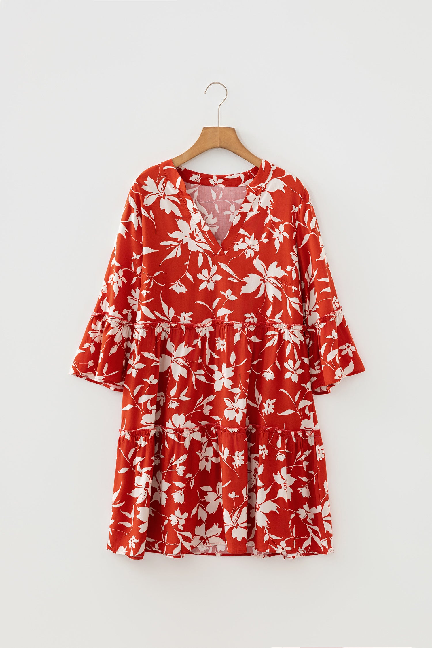Sky Blue Boho Floral Print Lettuce Trim 3/4 Sleeve Mini Dress