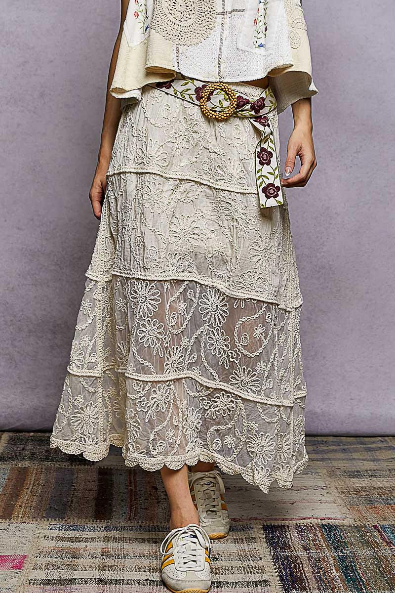 POL Floral Embroidered Tiered Crochet Skirt - NATURAL / One Size