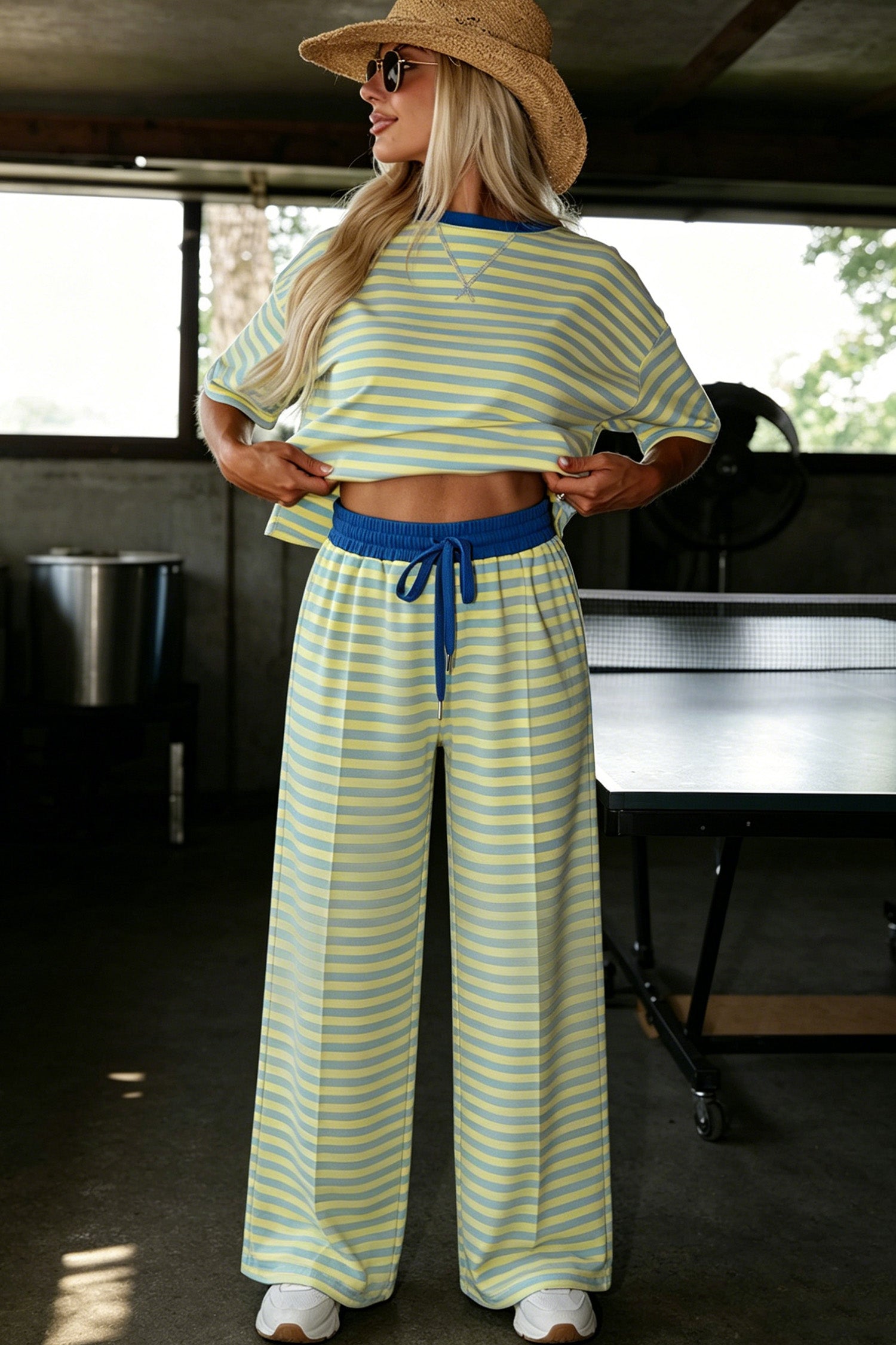 Pink Stripe Striped Colorblock Short Sleeve Two Piece Set Casual Pantsuit
