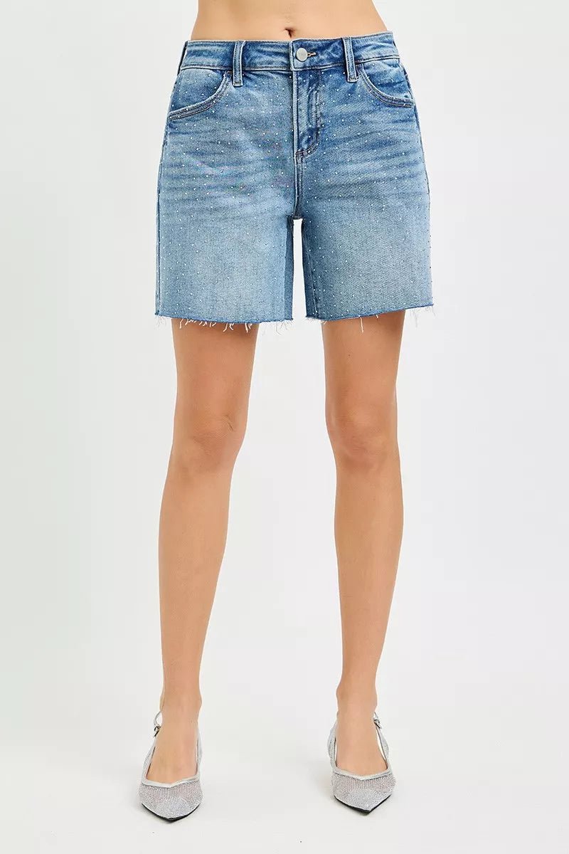 RISEN Slouchy Mid Length All Over Rhinestones Shorts - MEDIUM / S