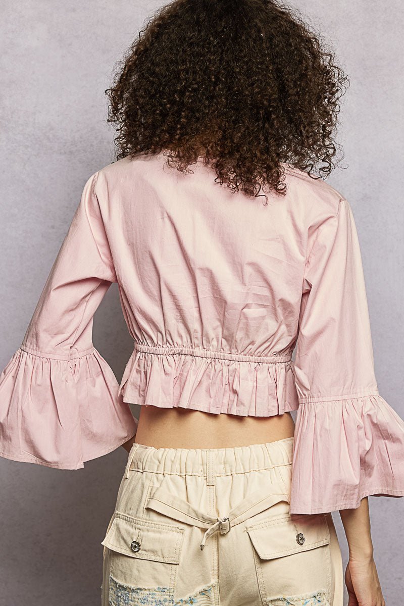 POL Floral Embroidered Cropped Blouse with Flared Ruffle Sleeves - PINK / S