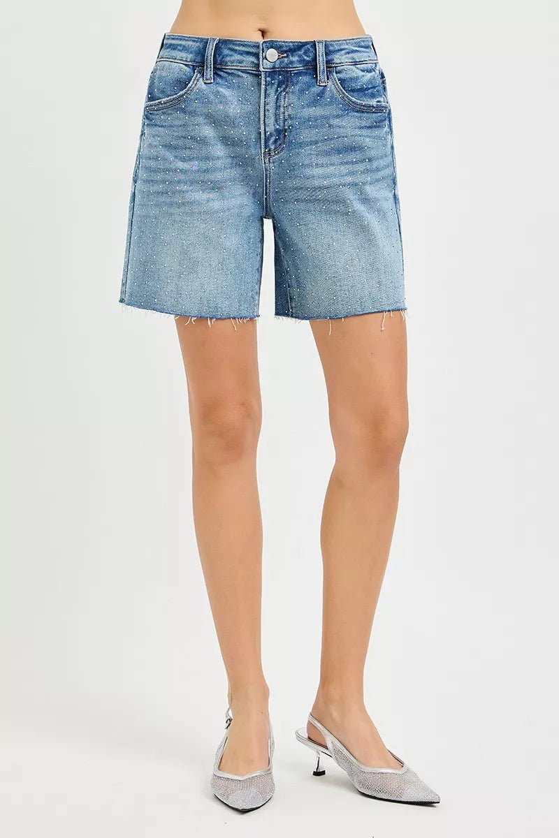 RISEN Slouchy Mid Length All Over Rhinestones Shorts - MEDIUM / S