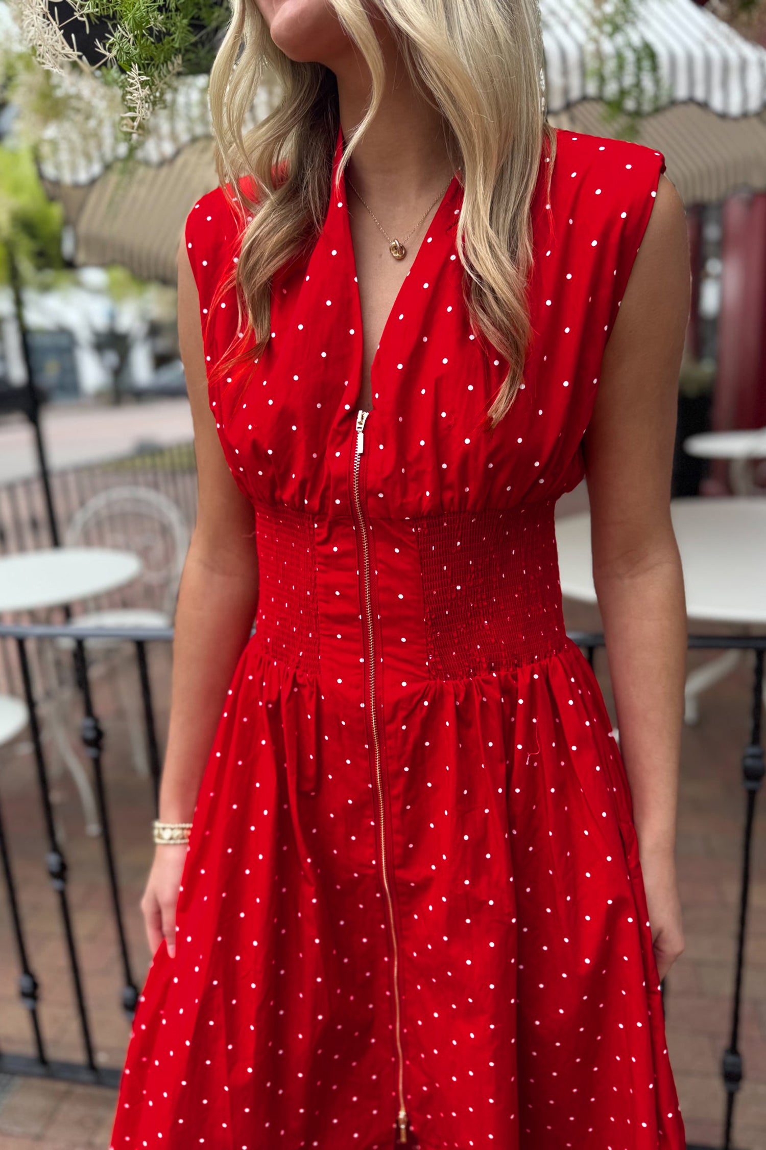 Fiery Red Polka Dot Zip Up Shirred Flared Midi Dress