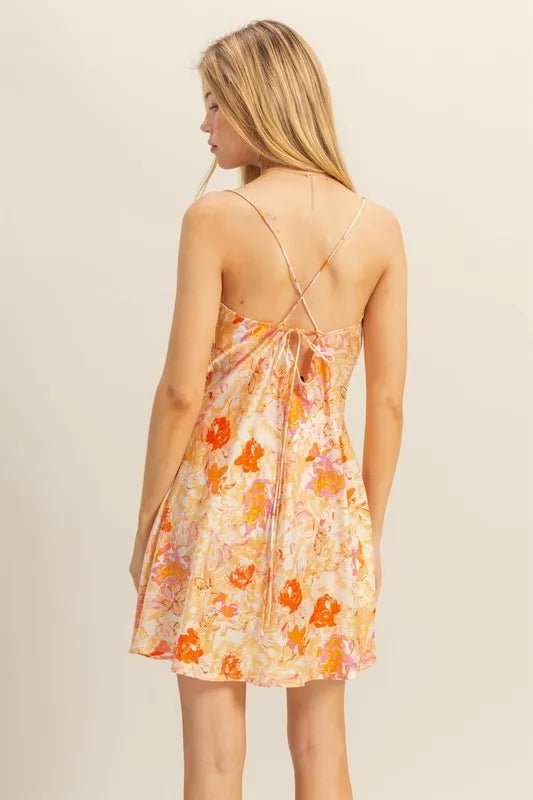 HYFVE Floral Cowl Neck Flirty Satin Mini Dress - ORANGE / S