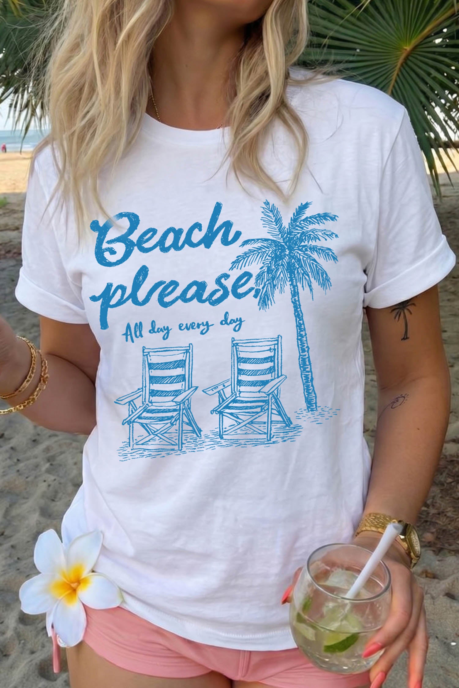White Beach Vacation Theme Printed Loose Tee