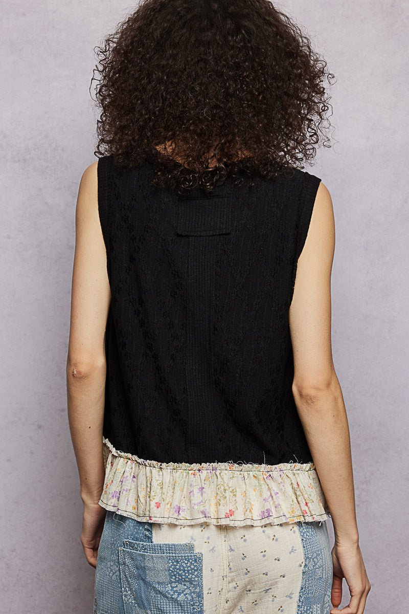 POL Floral Print V-Neck Textured Tank - BLACK / S