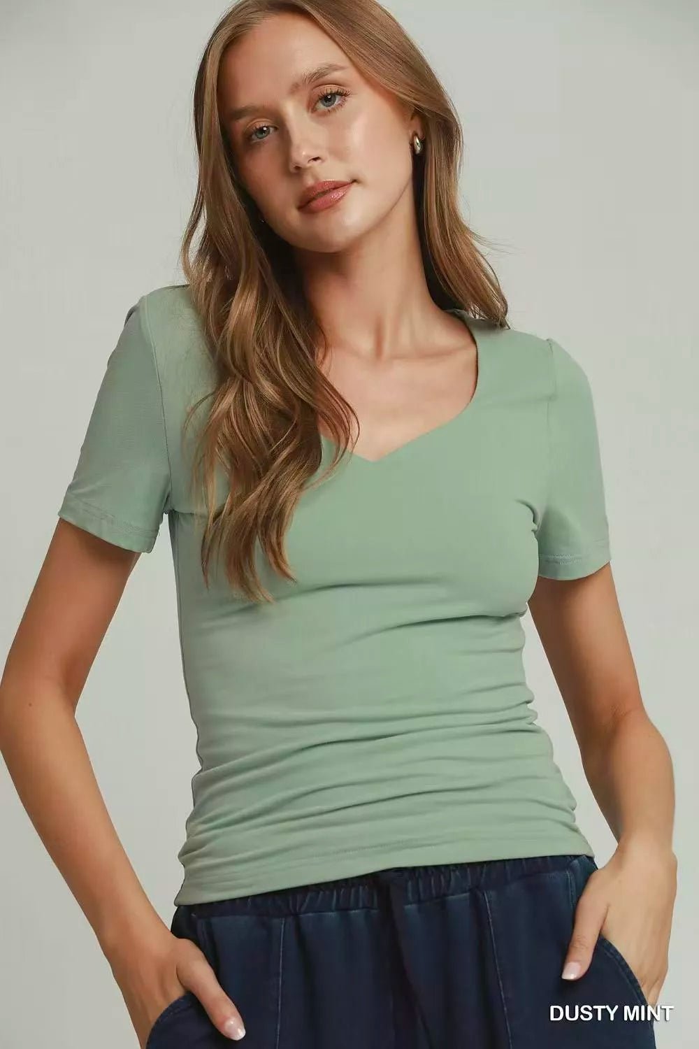 Umgee Sweetheart Neckline Front Double-Lined Top - DUSTY MINT / S
