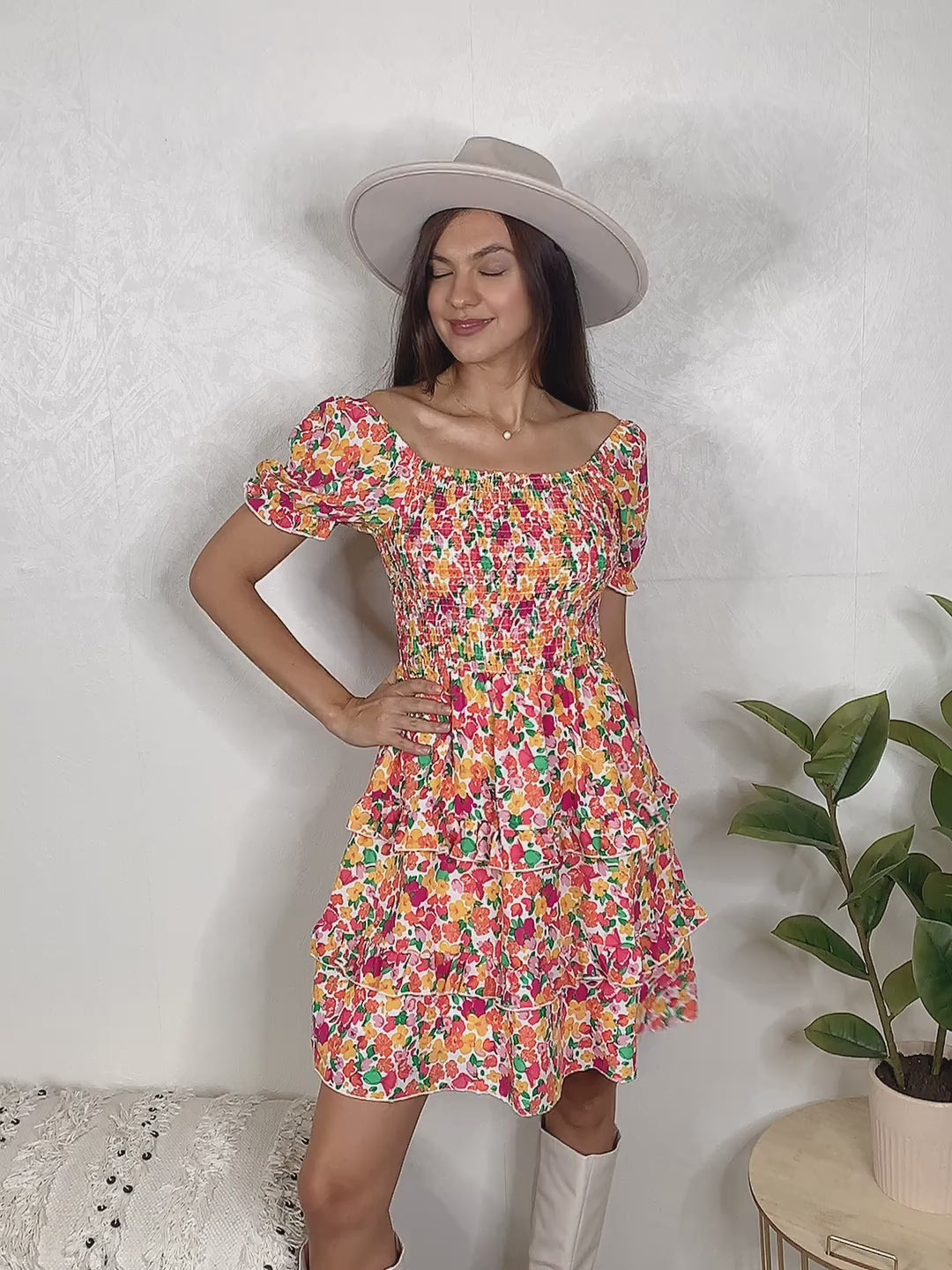 Devine Smocked Sweetheart Neck Flounce Sleeve Mini Dress